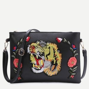 Black Tiger Embroidered Patch Faux Leather bag